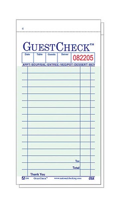 GUEST CHECK MEDIUM GREEN 3.5&quot;  X 6.75 WITH CARBON COPY